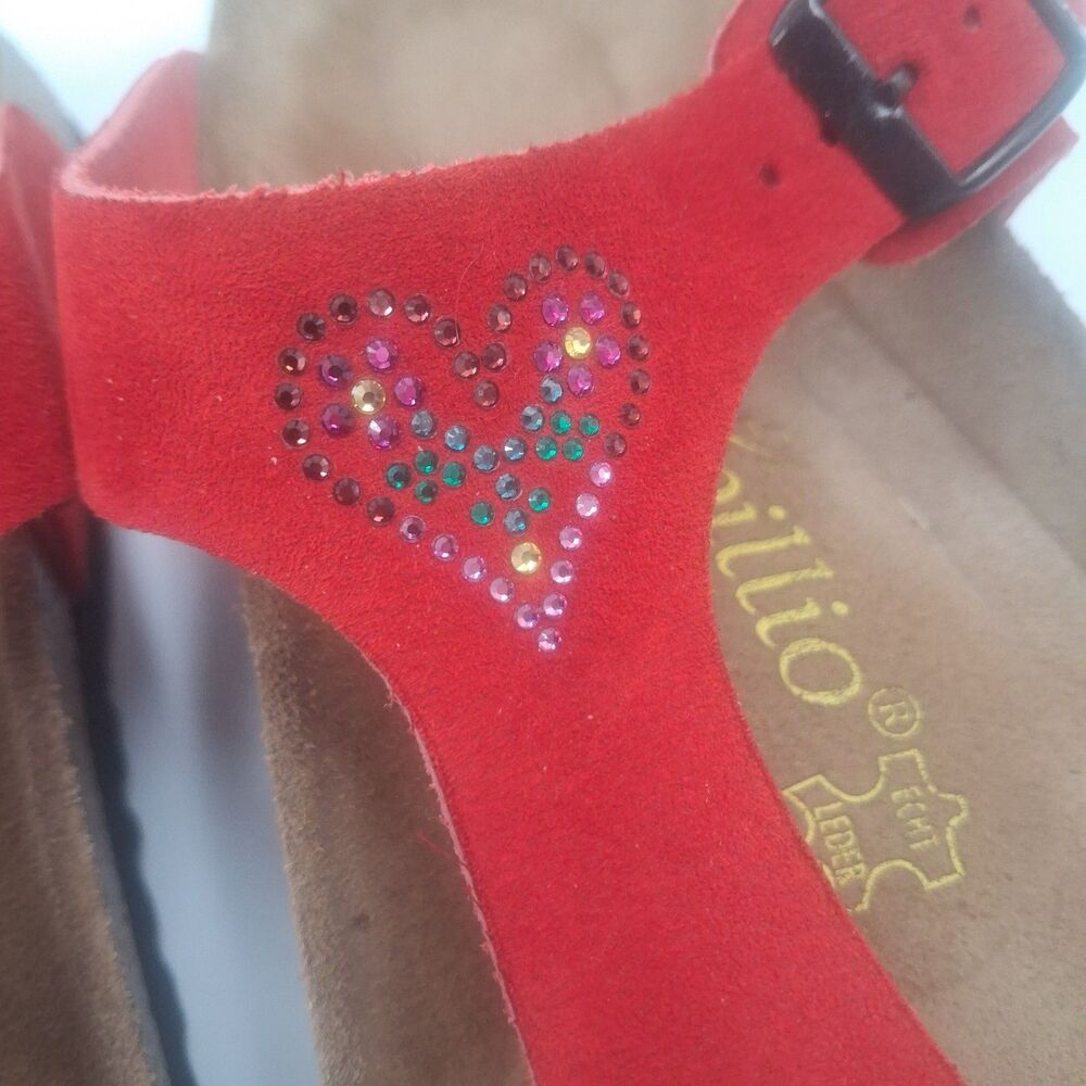 Birkenstock Papillio Sandals Size 38/ 7 Red Suede Gizeh Glitter Sparkle Hearts - Picture 2 of 8
